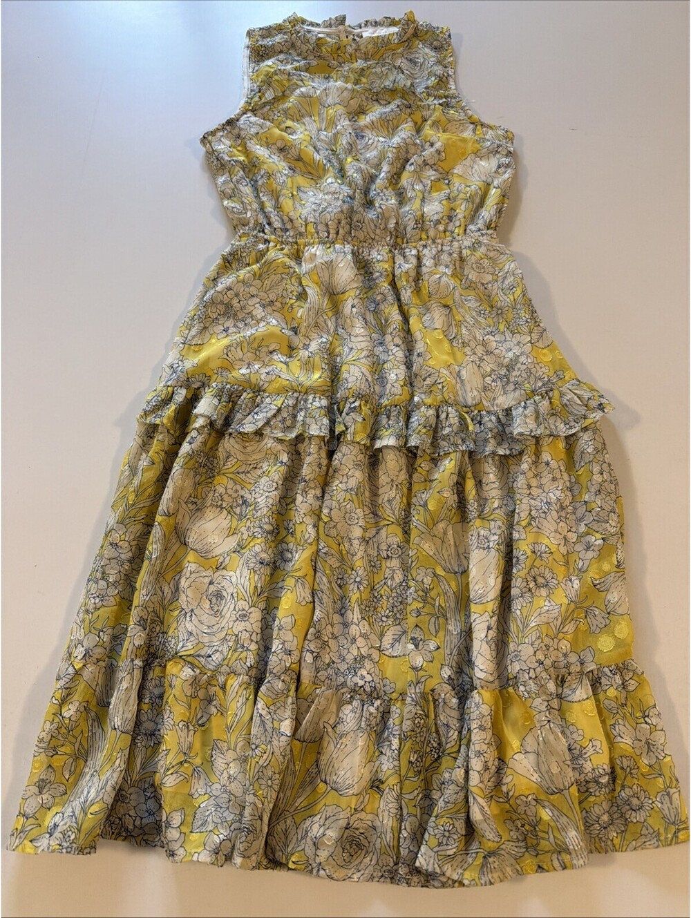 Monteau Los Angeles Floral Tiered Yellow Sleeveless Midi Dress Women’s Size S